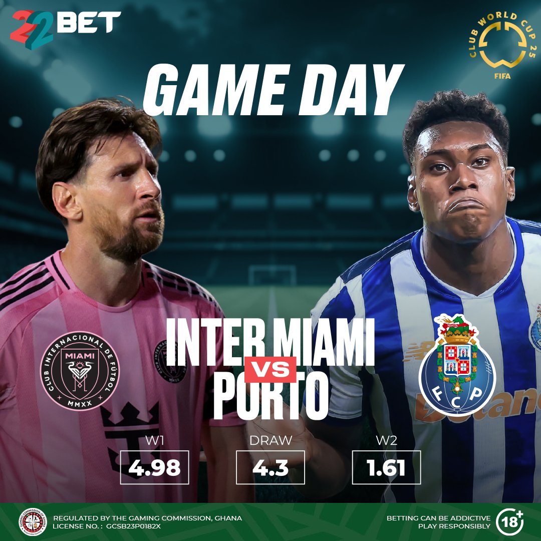 22BET_Ghana (@22bet_ghana) on Twitter photo ๐ฅ Clash of Continents! ๐ฅ
Inter Miami ๐บ๐ธ vs Porto ๐ต๐น โ who takes the spotlight on the global stage? ๐๐
Itโs Messi magic โจ vs European grit ๐ช in the FIFA Club World Cup showdown!
๐ Donโt miss the action โ
๐ฏ Stake here ๐๐พ 22best.org/x
and be part of the global ๐ฅ Clash of Continents! ๐ฅ
Inter Miami ๐บ๐ธ vs Porto ๐ต๐น โ who takes the spotlight on the global stage? ๐๐
Itโs Messi magic โจ vs European grit ๐ช in the FIFA Club World Cup showdown!
๐ Donโt miss the action โ
๐ฏ Stake here ๐๐พ 22best.org/x
and be part of the global