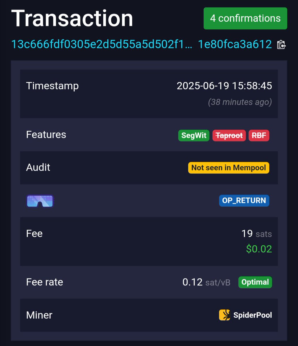 Peter Todd (@peterktodd) on Twitter photo I modified my Bob <a href="/opentimestamps/">OpenTimestamps</a> calendar to create sub-1sat/vB transactions.
0.12sat/vB! Mined by SpiderPool. I'm not sure how the transaction actually got to them; I lowered the relay fees on a few of my nodes to reach as many as possible.
mempool.space/tx/13c666fdf03… I modified my Bob <a href="/opentimestamps/">OpenTimestamps</a> calendar to create sub-1sat/vB transactions.
0.12sat/vB! Mined by SpiderPool. I'm not sure how the transaction actually got to them; I lowered the relay fees on a few of my nodes to reach as many as possible.
mempool.space/tx/13c666fdf03…