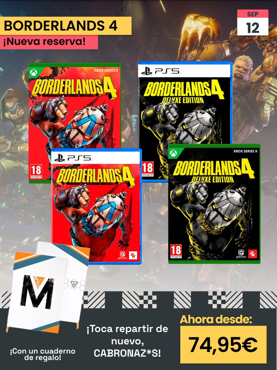 ❗️YA EN RESERVA #BORDERLANDS4❗️

Juega como un buscacámaras y lucha conta el autoritario Cronoguardián en el regreso de la saga más explosiva💥

A repartir en el peligroso planeta Kairos, CABRONAZ*S🤪

¡Con un cuaderno de regalo!

RESERVA desde 74,95€➡️ tinyurl.com/5f9yzyc8