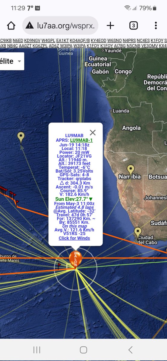 El globo lu7dzv-1 se durmió hoy en el australiano Simpson Desert National Park, luego de ser reportado 183 veces por estaciones VK; día 96, 8va vuelta. Lu9mab-1 tuvo 39 reportes de estaciones de Namibia, Sudáfrica e islas Reunión y Sta Helena. Día solar 47, 5to giro a la tierra.
