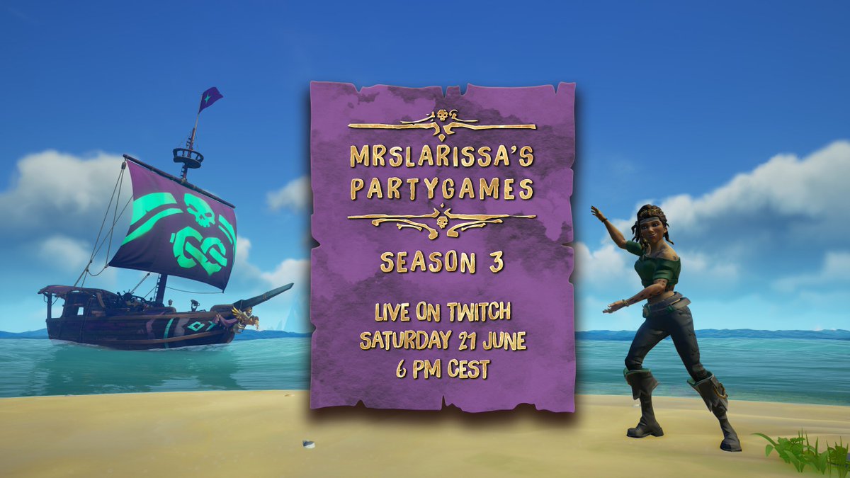 MrsLarissaSoT's tweet image. Hey, come over here, we have good news to tell: MrsLarissas Partygames enters the third season 🎉
We are happy to announce that this Saturday at 6PM CEST @j0toro @beckyfr0st @gosfather and @Ocelotclaw are going to participate against each other.🐔
#SeaOfThieves @SeaOfThieves