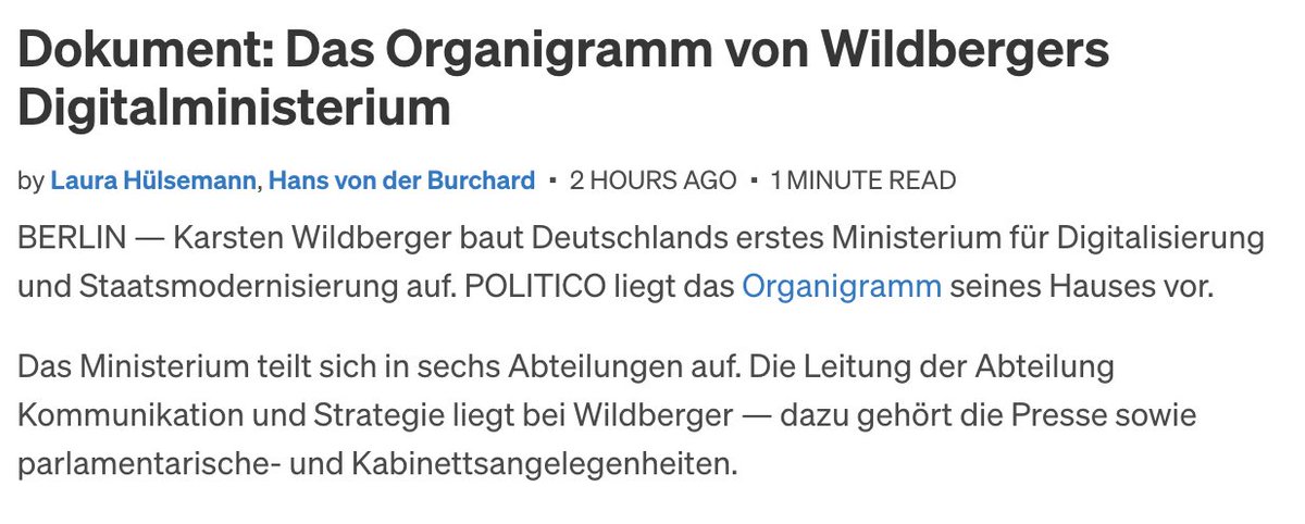 Laura Hülsemann (@hulsemannlaura) on Twitter photo Das Digitalministerium hat sein erstes Organigramm — intern wird von der „Version 0.1“ geredet. Nun ruft das BMDS zum Feedback auf.
<a href="/vonderburchard/">Hans von der Burchard</a> <a href="/herrkloeckner/">Jürgen Klöckner</a> <a href="/TommesFrittes/">Tom Schmidtgen</a> <a href="/ThorstenMumme/">Thorsten Mumme</a> <a href="/GordonRepinski/">Gordon Repinski</a> <a href="/POLITICOEurope/">POLITICOEurope</a> Das Digitalministerium hat sein erstes Organigramm — intern wird von der „Version 0.1“ geredet. Nun ruft das BMDS zum Feedback auf.
<a href="/vonderburchard/">Hans von der Burchard</a> <a href="/herrkloeckner/">Jürgen Klöckner</a> <a href="/TommesFrittes/">Tom Schmidtgen</a> <a href="/ThorstenMumme/">Thorsten Mumme</a> <a href="/GordonRepinski/">Gordon Repinski</a> <a href="/POLITICOEurope/">POLITICOEurope</a>