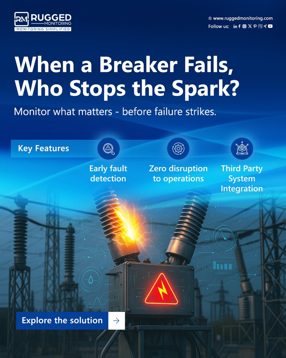 When a circuit breaker fails, who stops the spark?
Rugged Monitoring’s Circuit Breaker Monitoring System tracks temperature, arcing, SF6 &amp; load—non-intrusively. Get early fault alerts, seamless integration &amp; zero downtime
From reactive to reliable
Explore: bit.ly/44u8TZ9