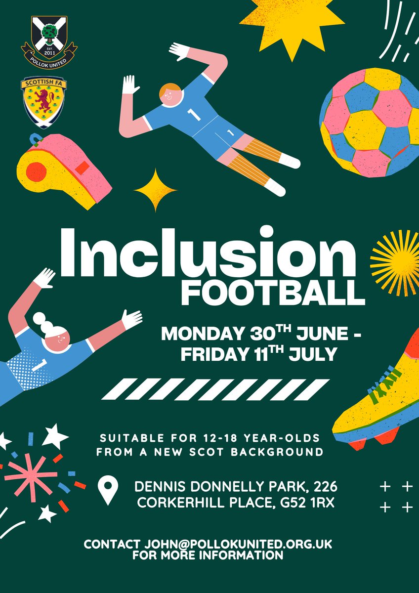 PollokUtdS_A's tweet image. Calling all New Scots! ⚽⚫
Join us for two FREE weeks of football this summer holiday!
Check out the details below and get in touch with john@pollokunited.org.uk to find out more.
@ScottishFA @ScotFAWest @sportscotland @zubirahmed @HumzaYousaf #FootballForAll
#MTLN