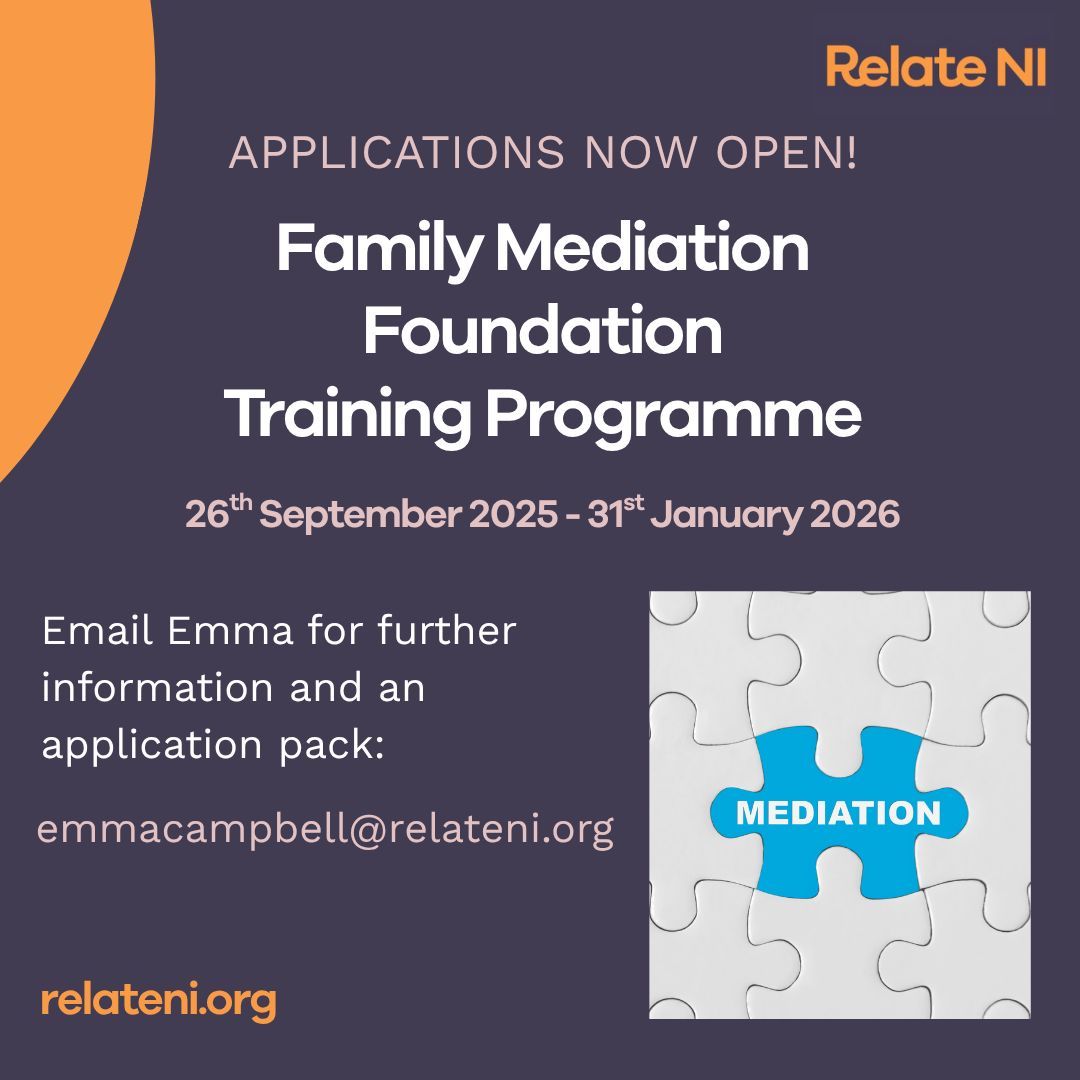 Relate NI (@relateni) on Twitter photo Applications are open for our Family Mediation Foundation Training Programme, starting in September! If you are interested contact emmacampbell@relateni.org for further information and an application pack. Applications are open for our Family Mediation Foundation Training Programme, starting in September! If you are interested contact emmacampbell@relateni.org for further information and an application pack.