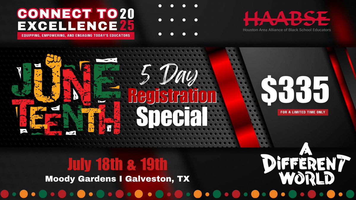 🎉 HAABSE Celebrates Juneteenth with a 5-Day Conference Registration Special! 🎉

A Different World isn’t just a theme it’s a movement, and HAABSE is leading the way! For the next 5 days only, we’re honoring Juneteenth with a limited-time special on conference registration.