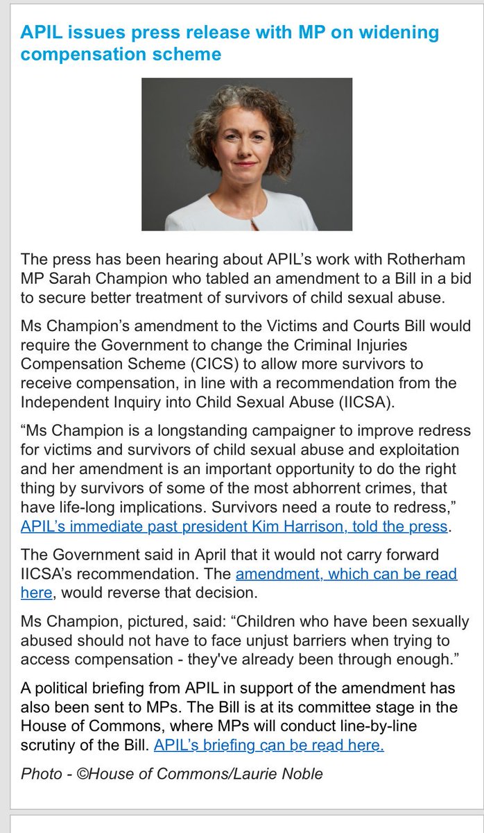 Important campaign by <a href="/APIL/">APIL</a> to secure better treatment of abuse survivors by the Criminal Injuries Compensation Authority. <a href="/SarahChampionMP/">Sarah Champion</a> has tabled an amendment to the Victims &amp; Courts Bill in line with IICSA’s recommendation. The government should accept it