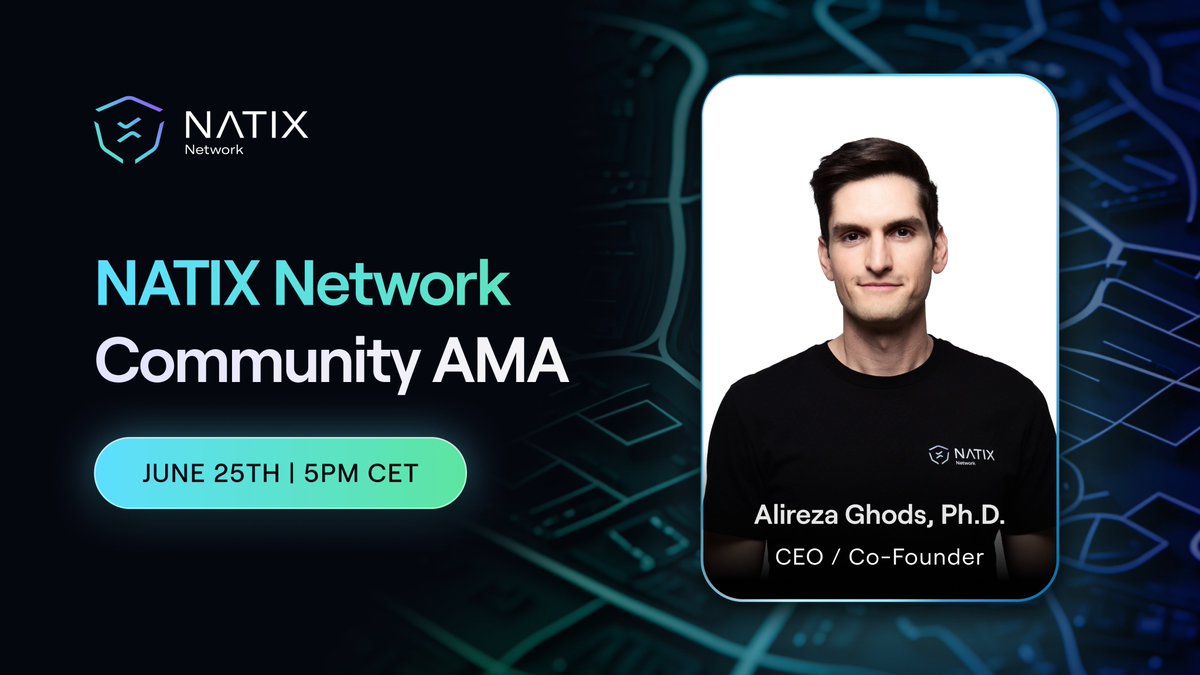 NATIX Network (@natixnetwork) on Twitter photo NATIXIANs, it's been a while since we had a chat, so we're happy to reveal we'll be holding a special NATIX Network AMA! 💬
CEO <a href="/AlirezaGhods2/">Alireza Ghods</a> will answer your questions and discuss where NATIX is headed 🛣️
📅Wed | June 25 | 5PM CET 📅
See you there 👇
x.com/i/spaces/1mnGe… NATIXIANs, it's been a while since we had a chat, so we're happy to reveal we'll be holding a special NATIX Network AMA! 💬
CEO <a href="/AlirezaGhods2/">Alireza Ghods</a> will answer your questions and discuss where NATIX is headed 🛣️
📅Wed | June 25 | 5PM CET 📅
See you there 👇
x.com/i/spaces/1mnGe…