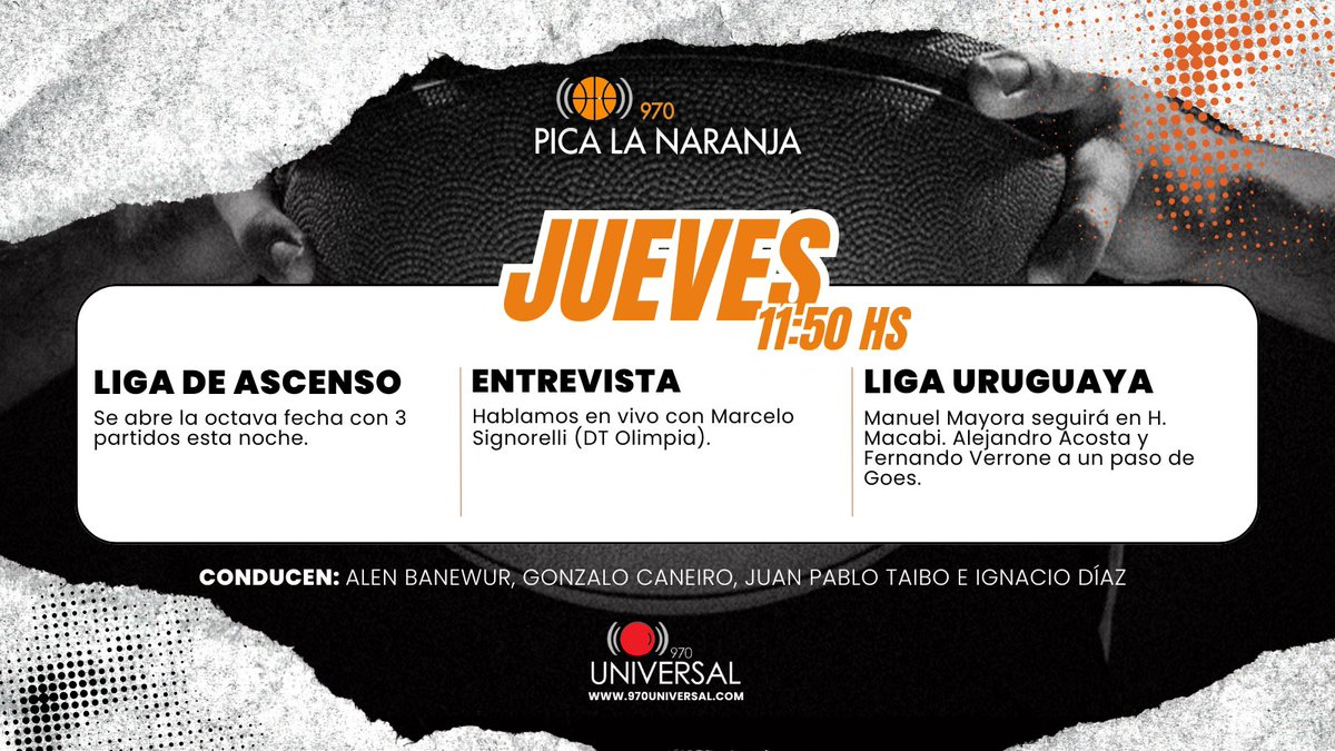 🏀 Comienza <a href="/picalanaranja/">Pica la naranja</a> con la conducción de Ignacio Díaz y <a href="/CaneiroGonzalo/">Gonzalo Caneiro</a> 

🗣️Estamos en vivo por <a href="/universal970/">970 Universal</a> con toda la actualidad del básquetbol local e internacional.
