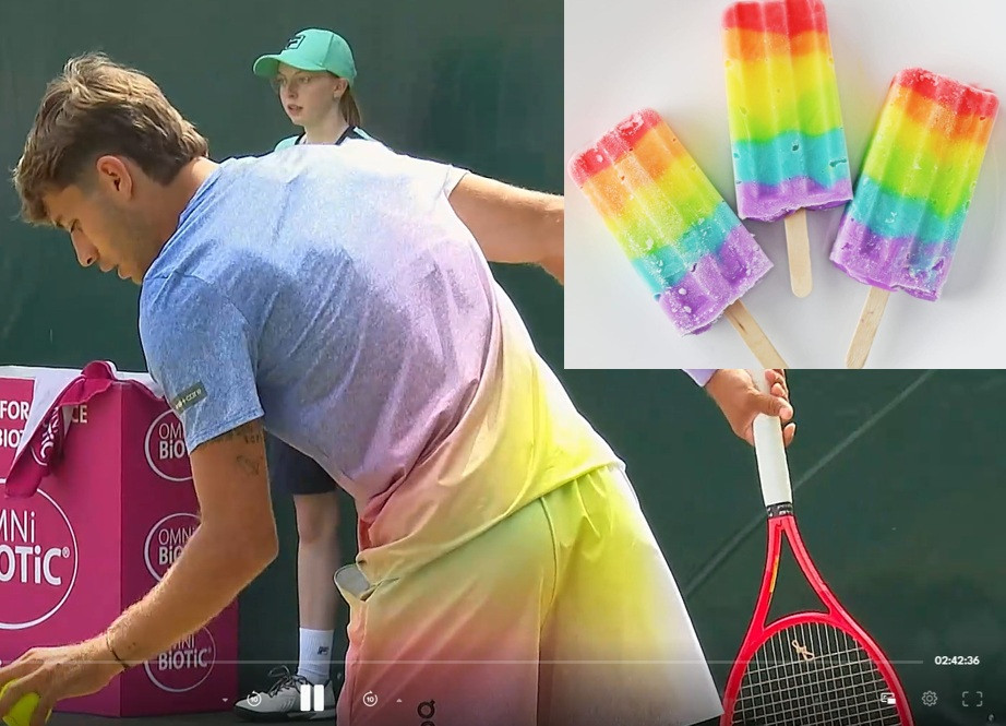 Le rival de Denis Shapovalov, ce matin à Halle (Allemagne), l'Italien Flavio Cobolli m'a ramené dans mon enfance avec son ensemble vestimentaire. Carrément mes popsicles préférés !!!
😋