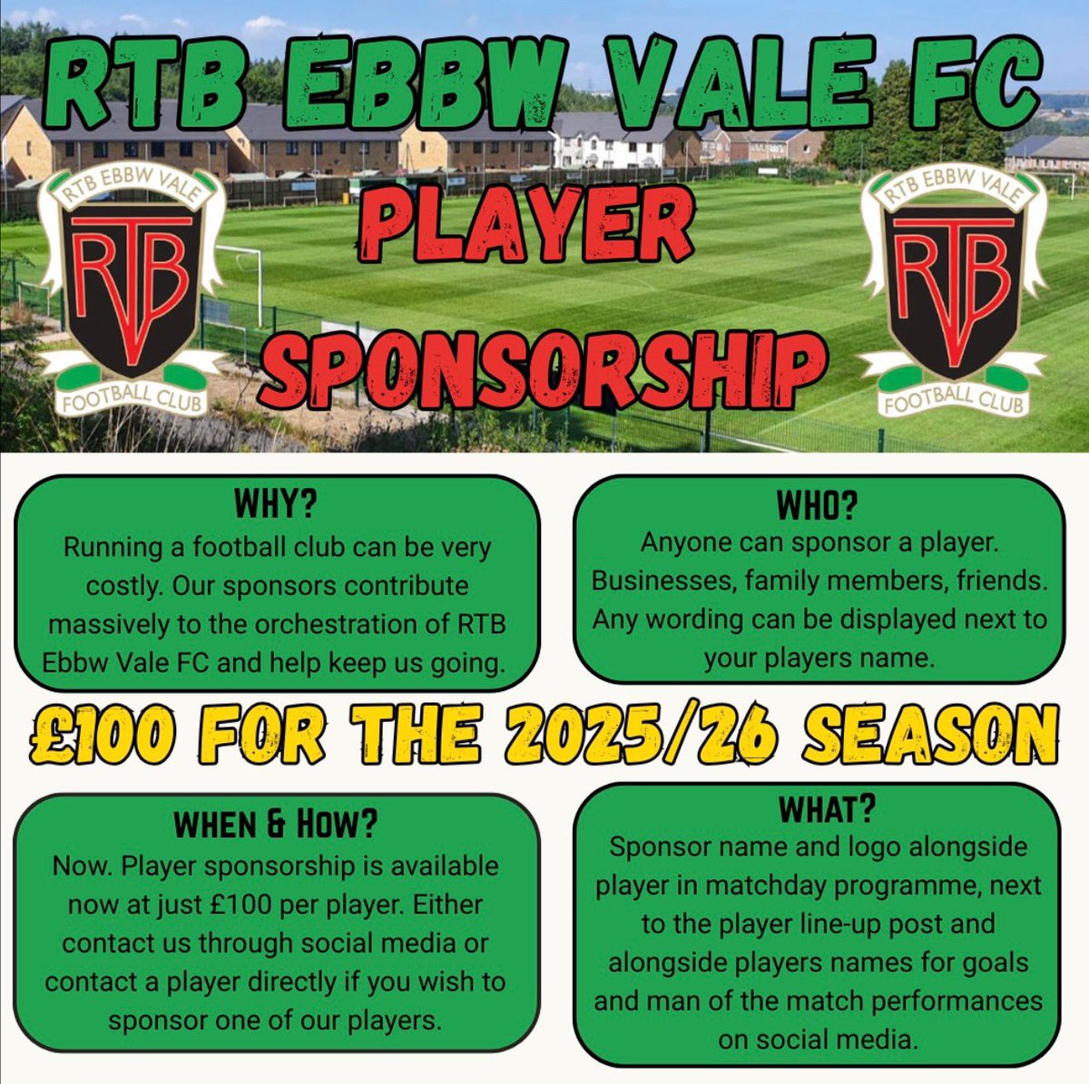 👤🤝| PLAYER SPONSORSHIP AVAILABLE

Our players are looking to get themselves sponsored for the upcoming 2025/26 season!

Please take a look at the poster and get in touch if you’re interested in sponsoring a player. Your support would be greatly appreciated!! ⚽️💚