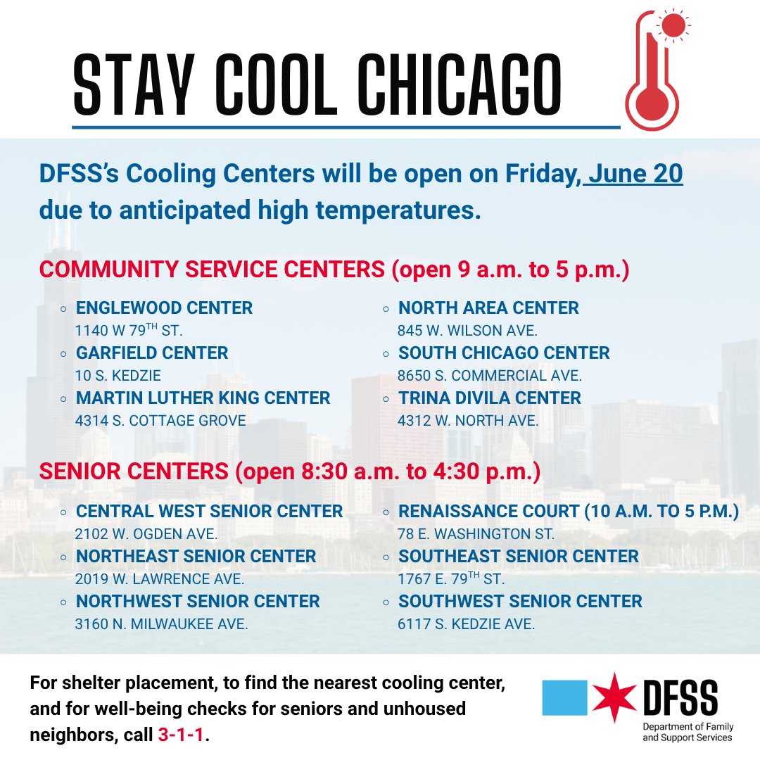 ChiFamSupport's tweet image. We're opening our Cooling Centers Friday to help ensure the safety of Chicago's residents.
View a full list of City Cooling Centers: data.cityofchicago.org/Health-Human-S….
Call 3-1-1 for shelter placement, to find a Cooling Center or for well-being checks on seniors and unhoused neighbors.