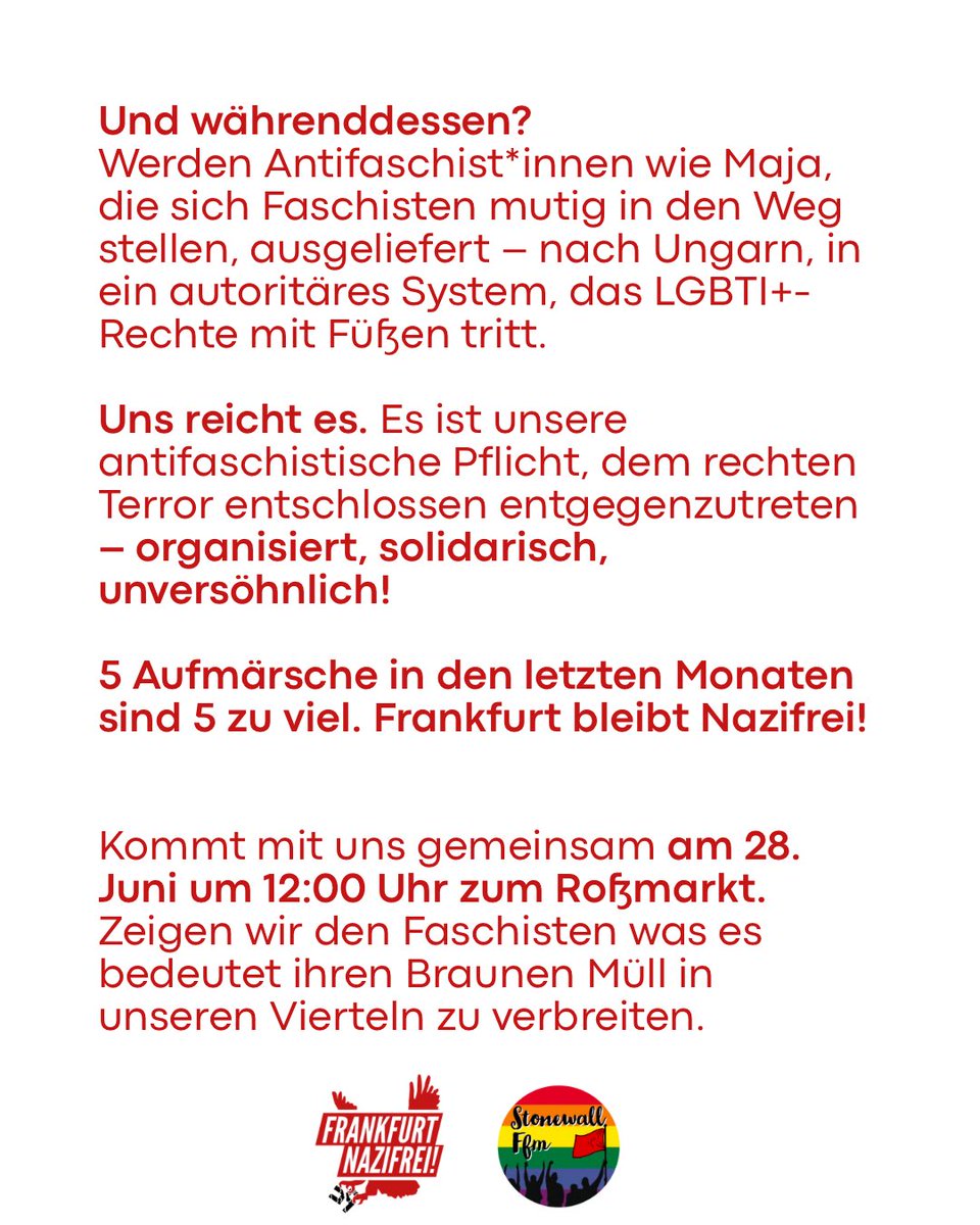 Kommt mit uns gemeinsam am 28. Juni um 12:00 Uhr zum Roßmarkt. Zeigen wir den Faschisten was es bedeutet ihren Braunen Müll in unseren Vierteln zu verbreiten!

#antifa #antiimp #widerstand #faschismus #frankfurt #aufmarschverhindern