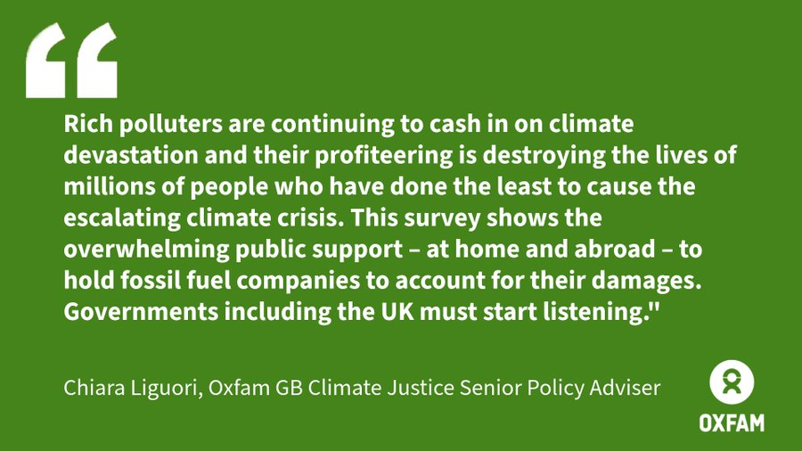 oxfamgb's tweet photo. The results are in – a resounding 81 % of people across the world want governments to tax fossil fuel companies fairly for the damage they’re causing to the climate.
Add your voice  – It’s time to make the biggest and richest polluters #PayUp. https://t.co/VRIyh9GwdF https://t.co/Em2hxR7mU6
