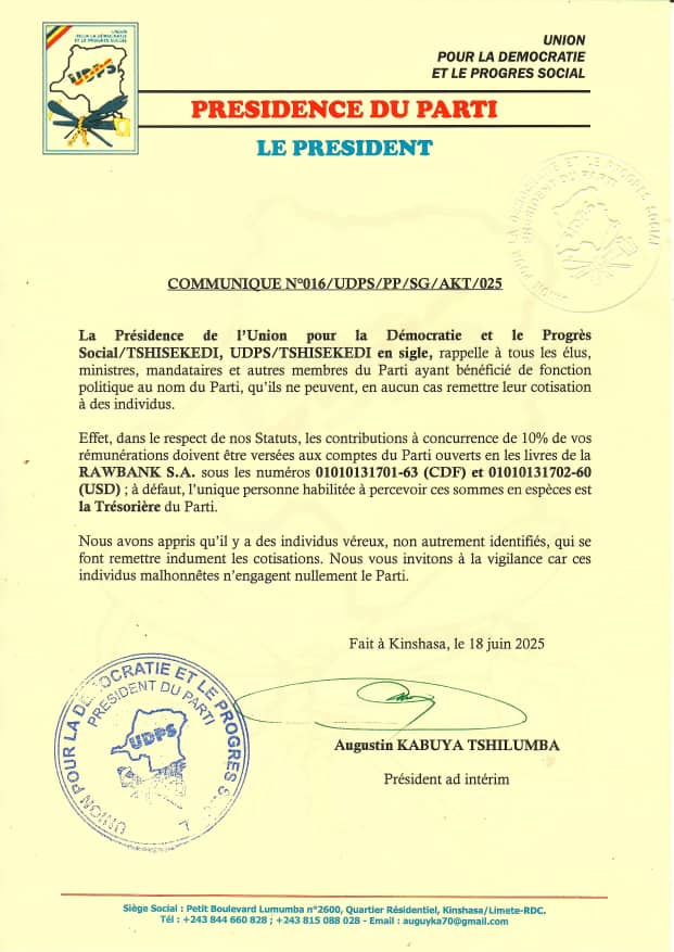 🟦 COMMUNIQUÉ OFFICIEL DE LA PRÉSIDENCE DU PARTI.

Rappelons à tous les élus, Ministres, Mandataires et autres membres du Parti bénéficiaires d'une fonction politique pour le compte du Parti, qu'ils ne peuvent en aucun cas remettre leur cotisation à des individus. 

Lire