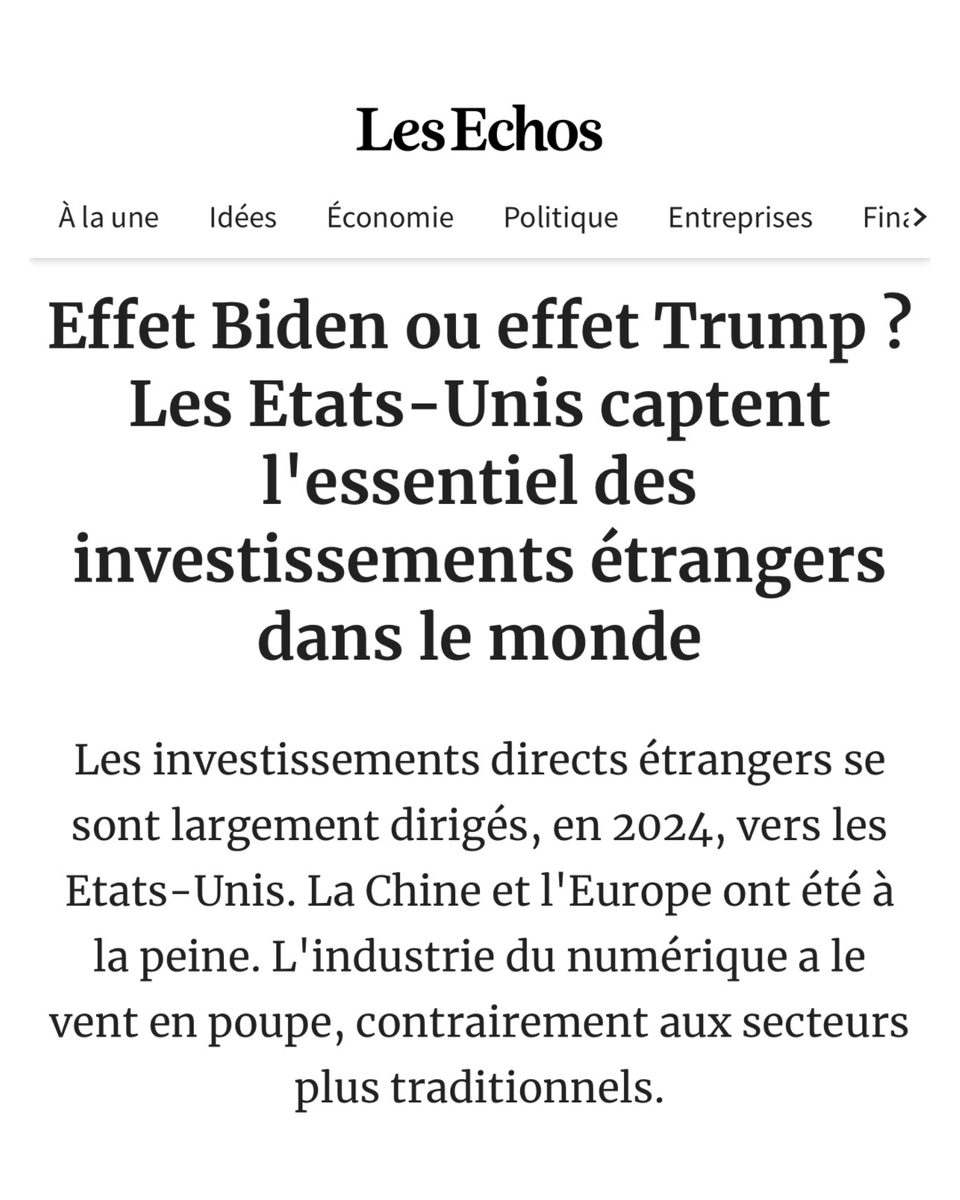L’Europe néolibérale s’effondre dans la nouvelle guerre économique mondiale. -60% d’invest. étrangers (IDE) en 2024.

La France recule de -20% pendant que les États-Unis bâtissent l’avenir avec +20% portés par l’Inflation Reduction Act.

L’idéologie ne pardonne pas l’impuissance.