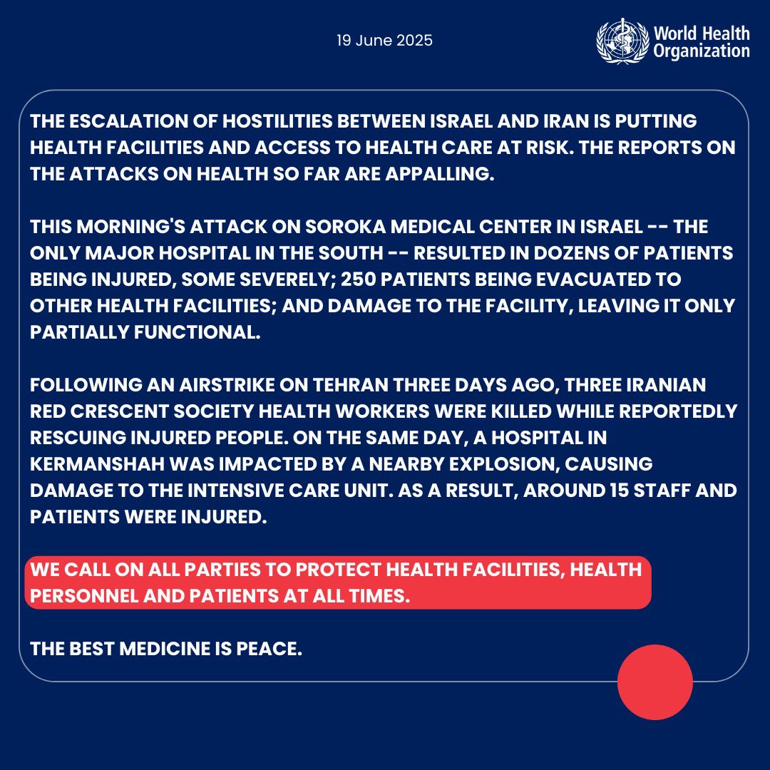 The escalation of hostilities between #Israel and #Iran is putting health facilities and access to health care at risk. The reports on the attacks on health so far are appalling.

This morning's attack on Soroka Medical Center in Israel -- the only major hospital in the south --