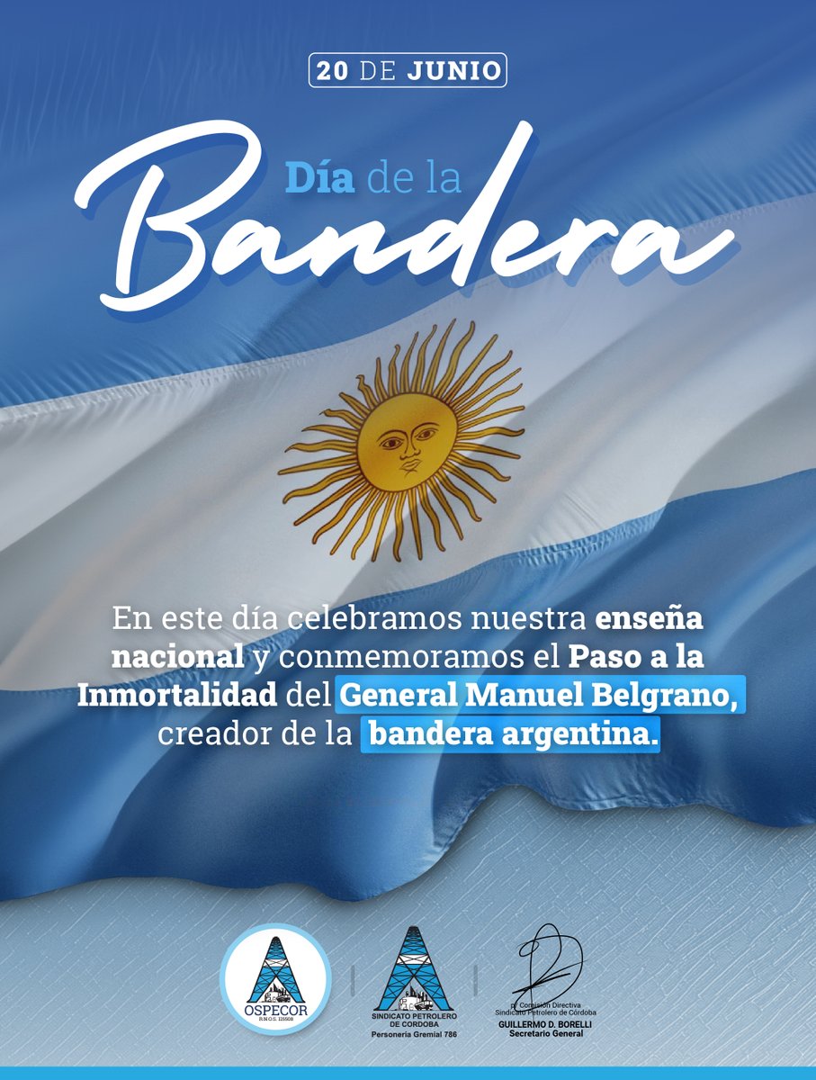 Celebramos nuestra bandera nacional y conmemoramos el Paso a la Inmortalidad del General Manuel Belgrano 🇦🇷

¡Honremos con lealtad y sentido de pertenencia los colores celeste y blanco! 

#YoSirvo #DíadelaBandera #20deJunio #ManuelBelgrano