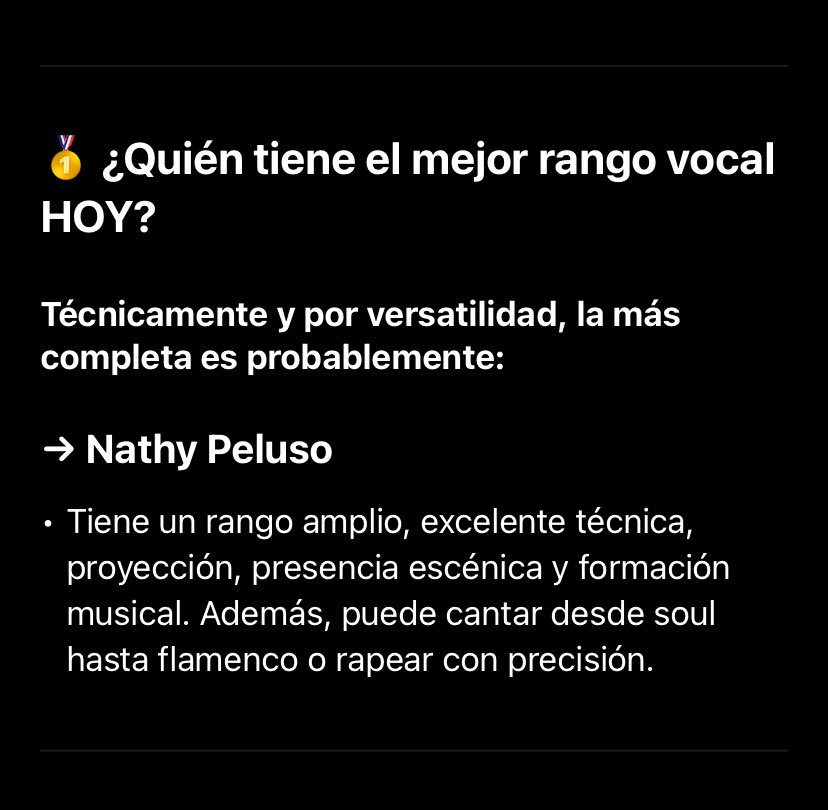 Le pregunte a chat gpt quien tiene mejor rango vocal de las artistas argentinas.
Ya lo sabía, pero para la pesada que dice que Nathy no canta nada
