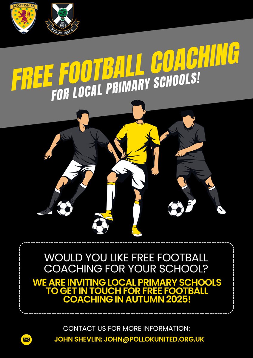 PollokUtdS_A's tweet image. 🏫⚽ Attention Local Primary Schools!
We're offering FREE football coaching for pupils this autumn (2025)!
If your school would like to get involved, contact John at:📧 john@pollokunited.org.uk
@ScottishFA @ScotFAWest @sportscotland @FootballForAll #MTLN @zubirahmed @HumzaYousaf