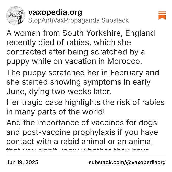 A woman from South Yorkshire, England recently died of rabies, which she contracted after being scratched by a puppy while on vacation in Morocco.  substack.com/profile/124973… #VaccinesWork