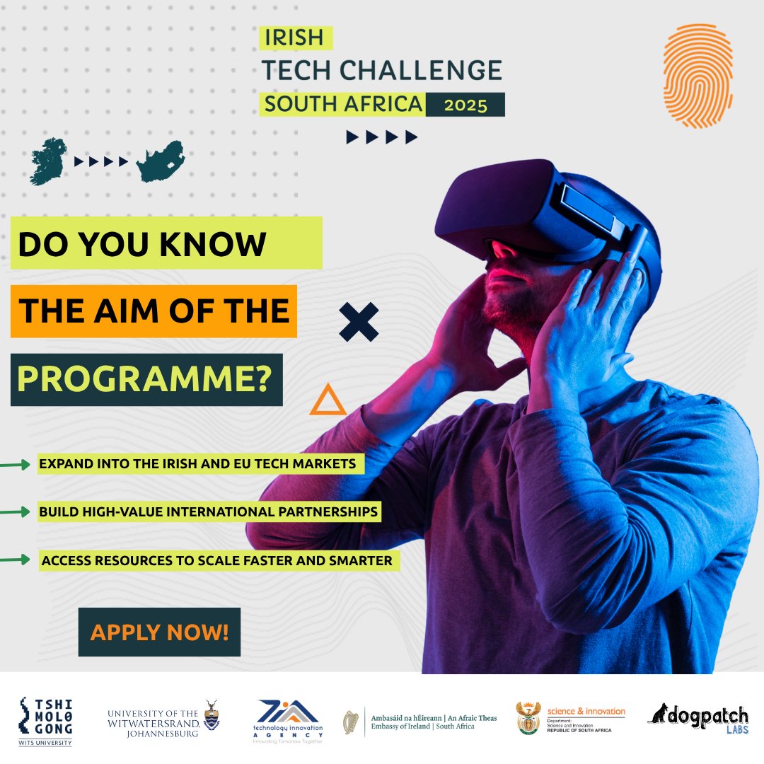 Ready to go global?🌍🇮🇪

Take your SA startup to the next level with:
- Access to the Irish + EU tech scene
- Global partnerships
- Smart scaling support

🔗: irishtechchallenge.co.za
Deadline: 4 July 2025

#IrishTechChallengeSA #StartupFunding #GlobalOpportunity #SAinnovation