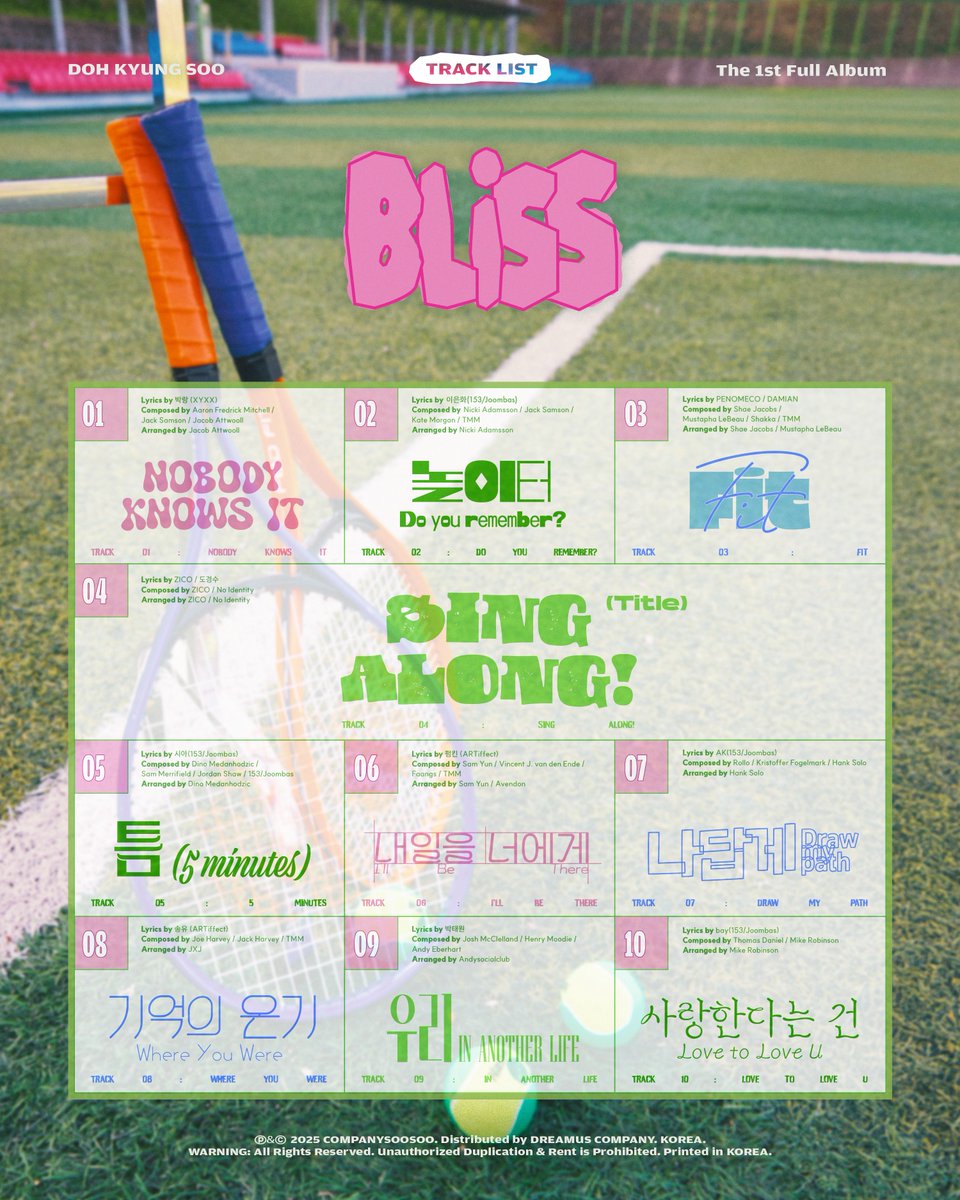 도경수 첫 번째 정규 앨범 [BLISS] 
Doh Kyung Soo The 1st full album [BLISS]

Track List

🎵2025.07.07 6PM (KST) 

#도경수 #DOHKYUNGSOO
#BLISS #DOHKYUNGSOO_BLISS
#SING_ALONG #DOHKYUNGSOO_SING_ALONG
#컴퍼니수수 #CompanySoosoo