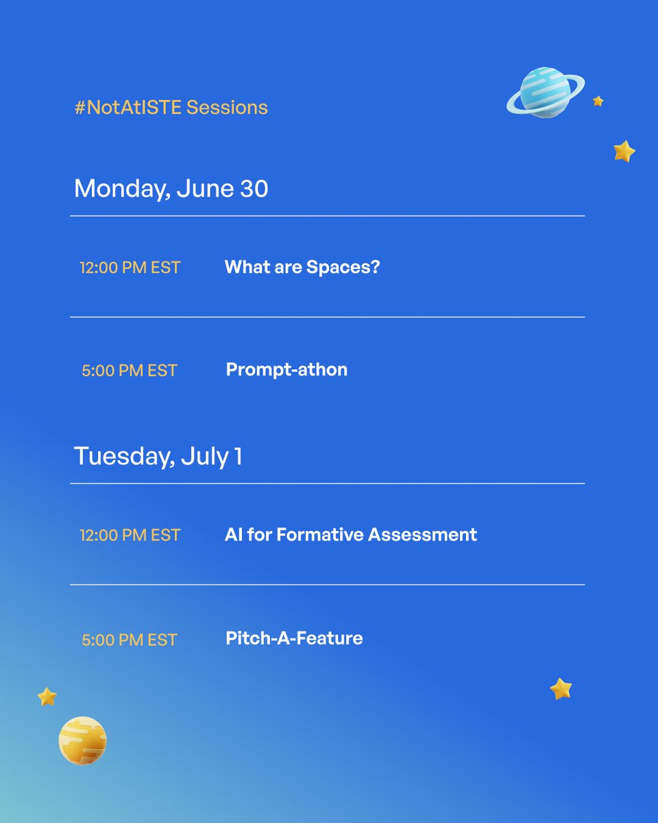 If you're feeling the #NotatISTE FOMO... we've got you covered! Join us for 4 amazing #NotatISTE sessions taught by our Community Coaches. These will be interactive, immersive, and a great way to get more familiar with SchoolAI! 

✅Session 1: What are Spaces?
✅Session 2: