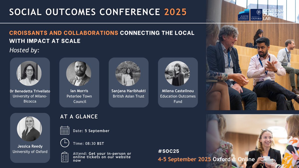 golaboxford's tweet image. 📢 Croissants and Collaborations: Connecting the Local with Impact at Scale at #SOC25

Featuring experts from @unimib  @BritishAsianTrust @UniofOxford @PtrleeTC 

🎫 Book your tickets NOW: lnkd.in/dAqUXTcf
➡️Programme: lnkd.in/eDhetPNh

#SocialOutcomes #PublicPolicy
