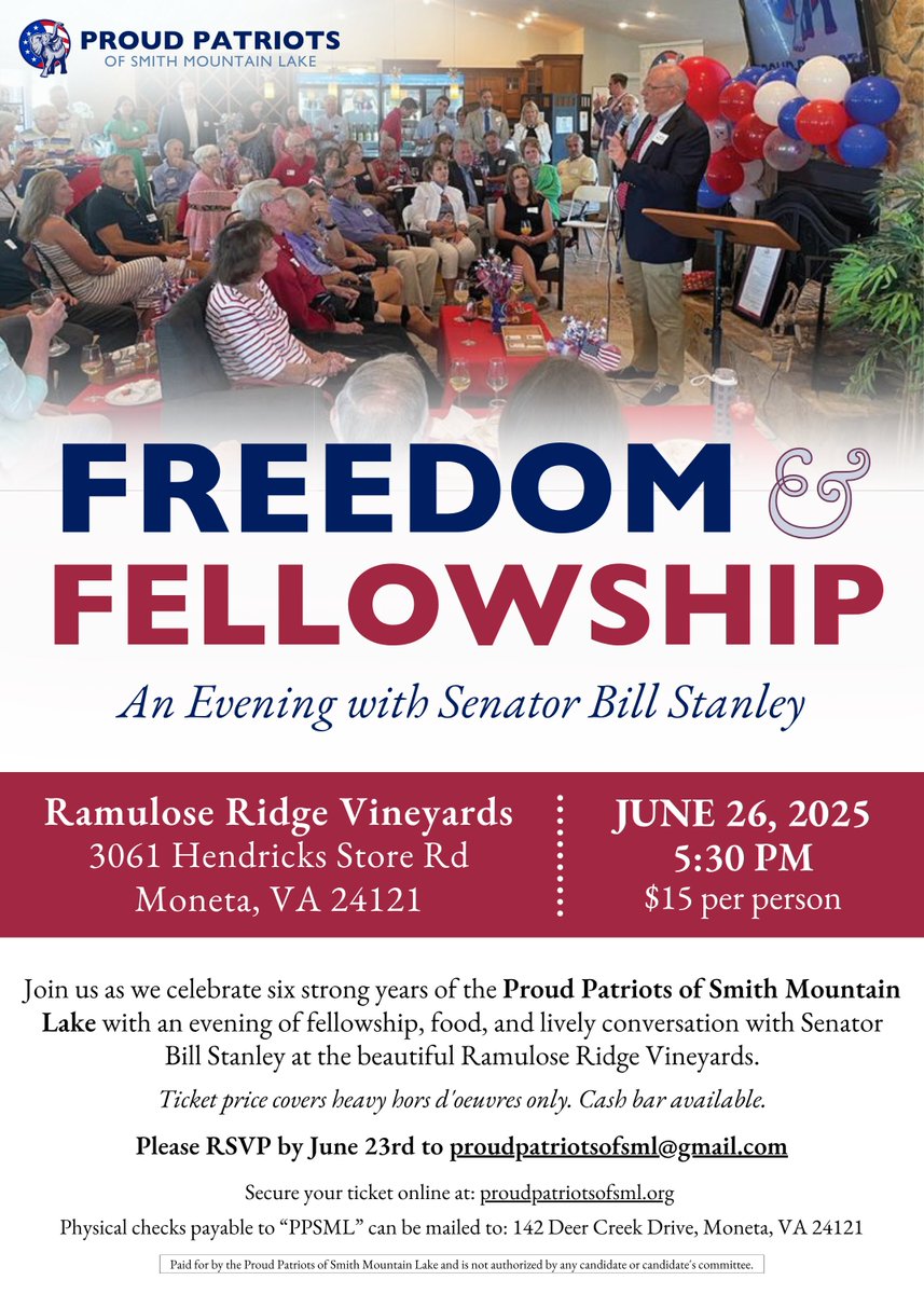 Proud Patriots of Smith Mountain Lake (@smlpatriots) on Twitter photo We’re just one week away from Freedom & Fellowship with Senator <a href="/BillStanley/">Senator Bill Stanley</a> at Ramulose Ridge Vineyards!
Join us as we celebrate 6 strong years of the Proud Patriots of Smith Mountain Lake 🇺🇸
📅 Thursday, June 26 | 🕠 5:30 PM
🎟️ RSVP by Monday: secure.anedot.com/proud-patriots… We’re just one week away from Freedom & Fellowship with Senator <a href="/BillStanley/">Senator Bill Stanley</a> at Ramulose Ridge Vineyards!
Join us as we celebrate 6 strong years of the Proud Patriots of Smith Mountain Lake 🇺🇸
📅 Thursday, June 26 | 🕠 5:30 PM
🎟️ RSVP by Monday: secure.anedot.com/proud-patriots…