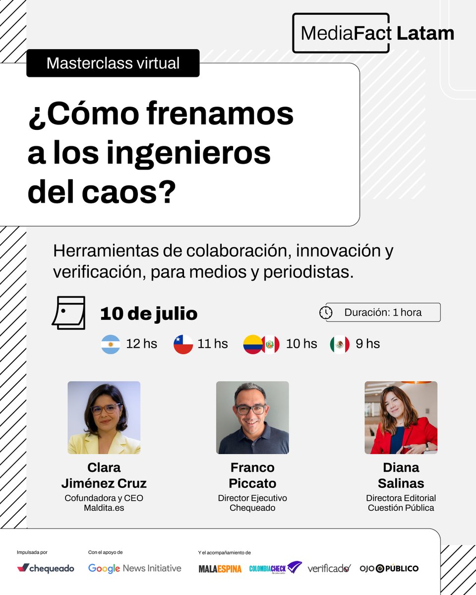 Masterclass virtual ¿Cómo frenamos a los ingenieros del caos? 😰

¡Inscribite en esta sesión gratuita diseñada para periodistas de la región! Desde MediaFact Latam, pondremos el foco en la sostenibilidad, la innovación y la colaboración en la lucha contra la desinformación 💪.