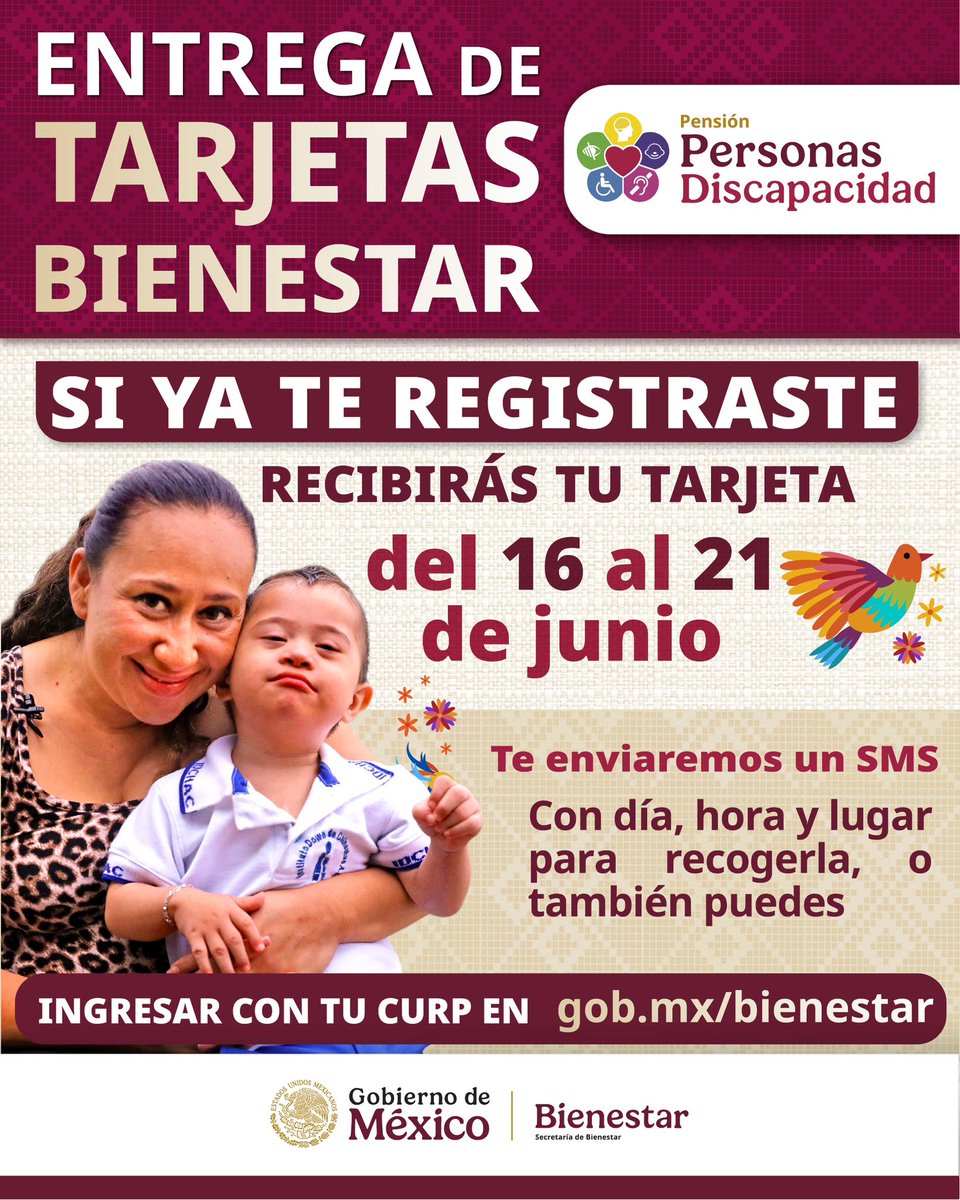 Ariadna Montiel Reyes (@a_montielr) on Twitter photo ❤️ #PensiónDiscapacidad ❤
Es hora de recoger tu #TarjetaBienestar del <a href="/bbienestarmx/">Banco del Bienestar</a>, si te registraste a la #PensiónDiscapacidad.
Te enviaremos un SMS con los detalles para recogerla. También puedes consultar con tu CURP en: gob.mx/bienestar
<a href="/Claudiashein/">Claudia Sheinbaum Pardo</a> ❤️ #PensiónDiscapacidad ❤
Es hora de recoger tu #TarjetaBienestar del <a href="/bbienestarmx/">Banco del Bienestar</a>, si te registraste a la #PensiónDiscapacidad.
Te enviaremos un SMS con los detalles para recogerla. También puedes consultar con tu CURP en: gob.mx/bienestar
<a href="/Claudiashein/">Claudia Sheinbaum Pardo</a>