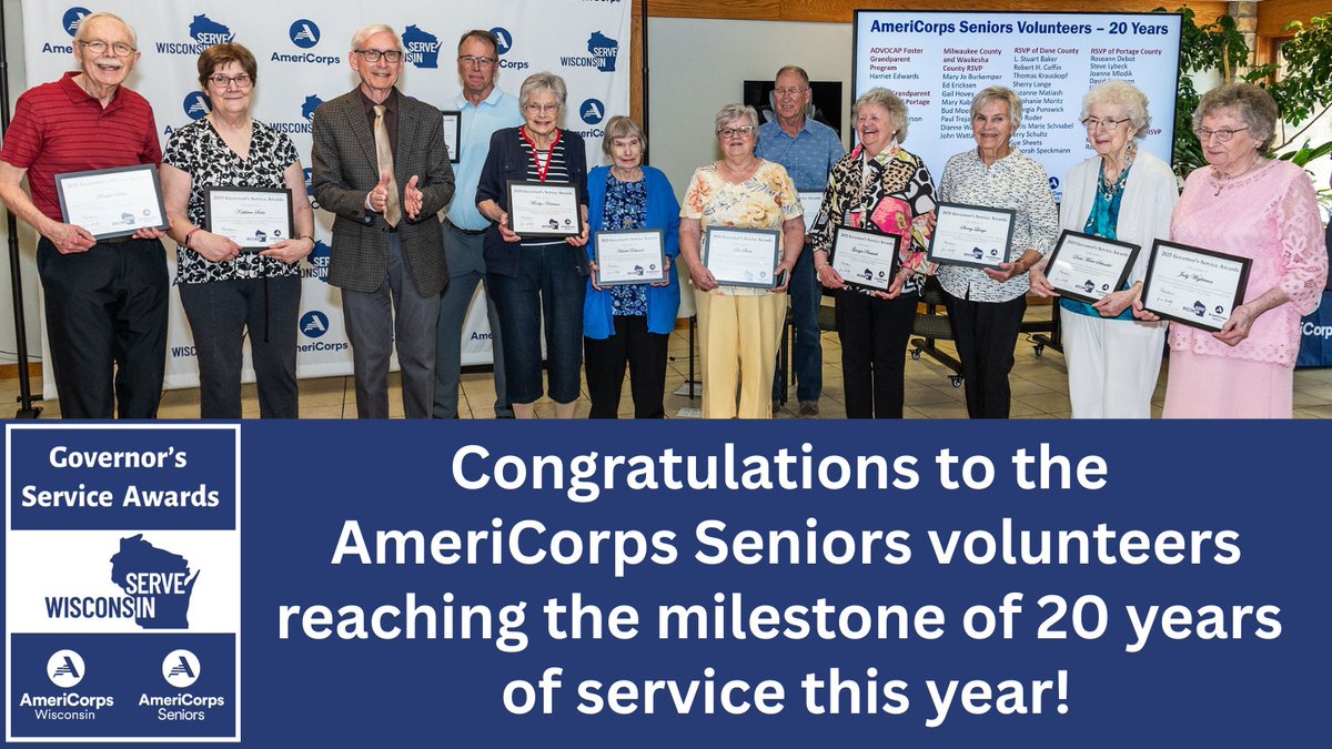 ServeWisconsin's tweet image. Congratulations to the 33 WI @AmeriCorpsSr volunteers recognized at 2025 Governor’s Service Awards this May by @GovEvers for reaching milestone of 20 years of volunteer service!
Thank you for your two decades of #ServiceinWI!
For list of honorees, visit servewisconsin.wi.gov/governors-serv…