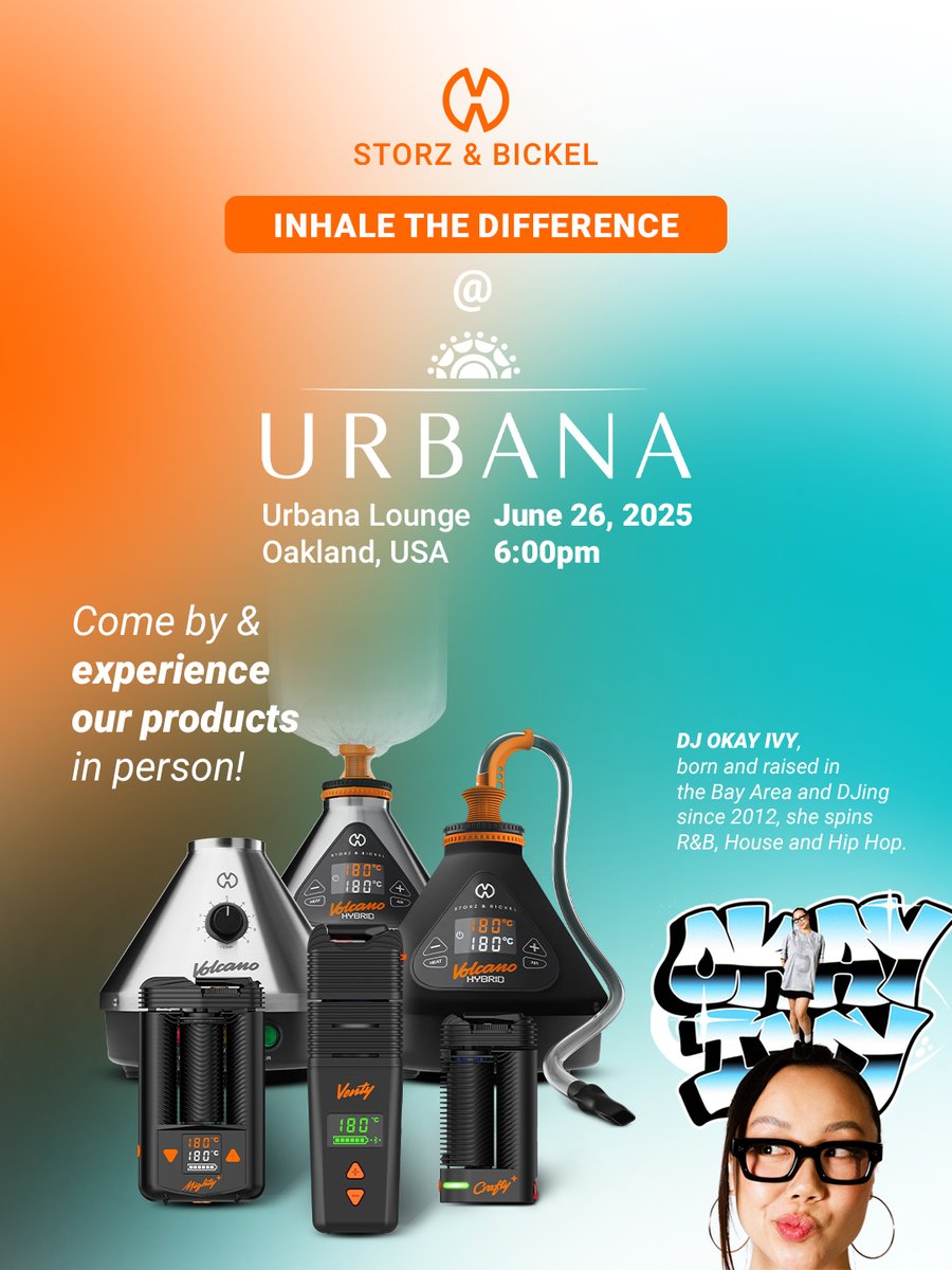 storz_bickel's tweet photo. BAY AREA, IT'S YOUR TURN!
Come vibe with us in Oakland - Experience our devices in person & catch DJ Okay Ivy live! 🎶🔥
📍 Urbana Lounge | 📅 June 26, 6PM
#InhaleTheDifference #storzandbickel #OkayIvy #volcano #mighty #crafty #venty https://t.co/FlBjox37CH