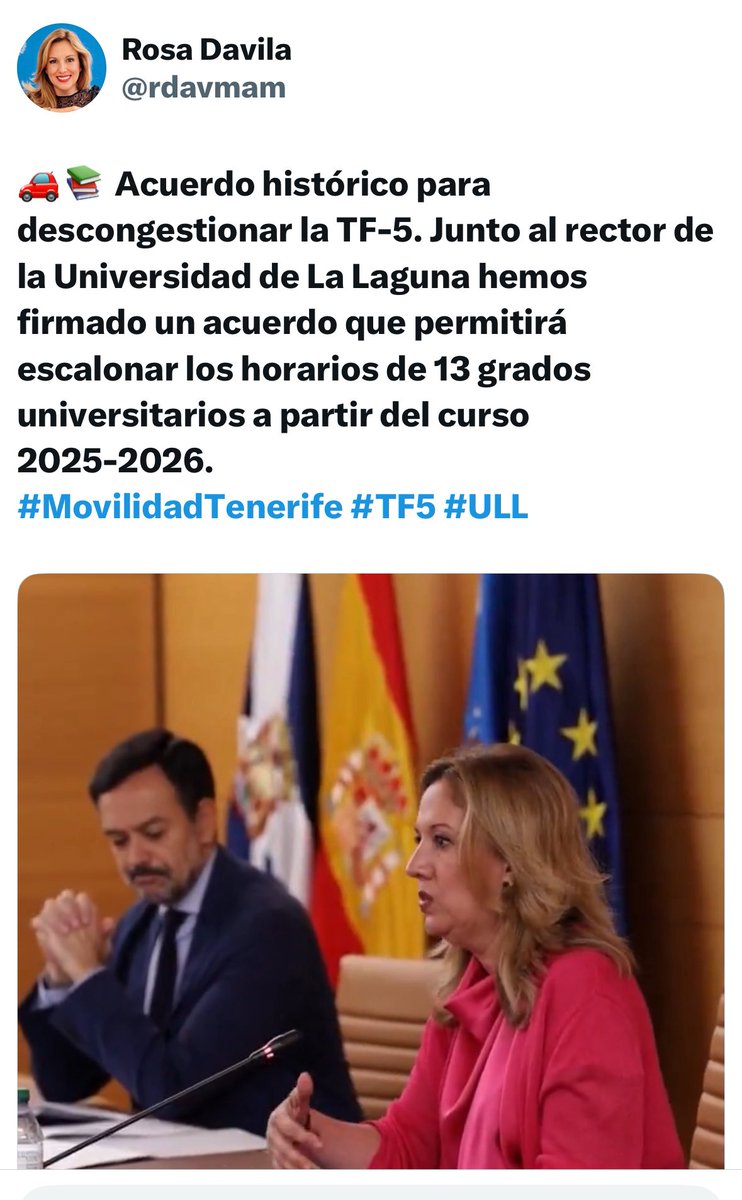 <a href="/CristinaValido/">Cristina Valido</a> y <a href="/rdavmam/">Rosa Dávila</a> son hoy las caras de dos muy buenas noticias. 

Acuerdo para fomentar la vivienda de alquiler a través del uso de la RIC y acuerdo para escalonar las entradas a primera hora en la #ULL descongestionando así la TF5

Enhorabuena a las dos!