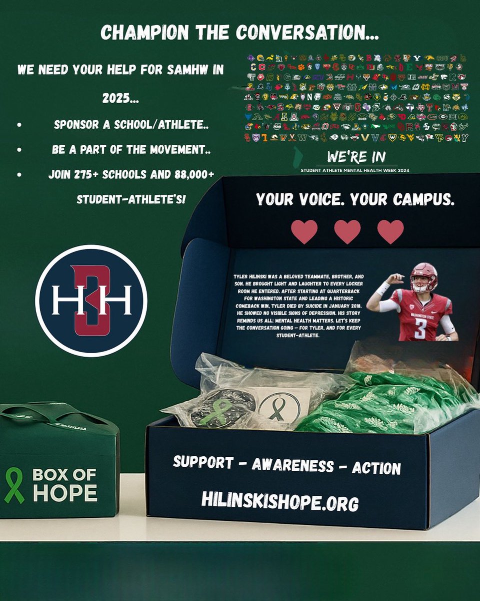 HilinskisHope's tweet image. 💚 CHAMPION THE CONVERSATION
Student Athlete Mental Health Week isn’t just a campaign — it’s a movement. One rooted in purpose, passion, and the power of our Tyler’s story.
In 2024, we had over 275 schools and 88,000+ student-athletes, stand together to say: “Mental Health…