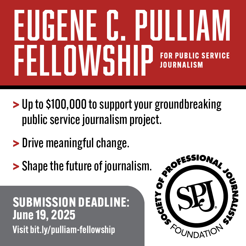 🚨There's still time to apply for SPJ’s Eugene C. Pulliam Fellowship for Public Service Journalism. 

⏰Apply by 11:59 p.m. tonight: bit.ly/pulliam-fellow…
