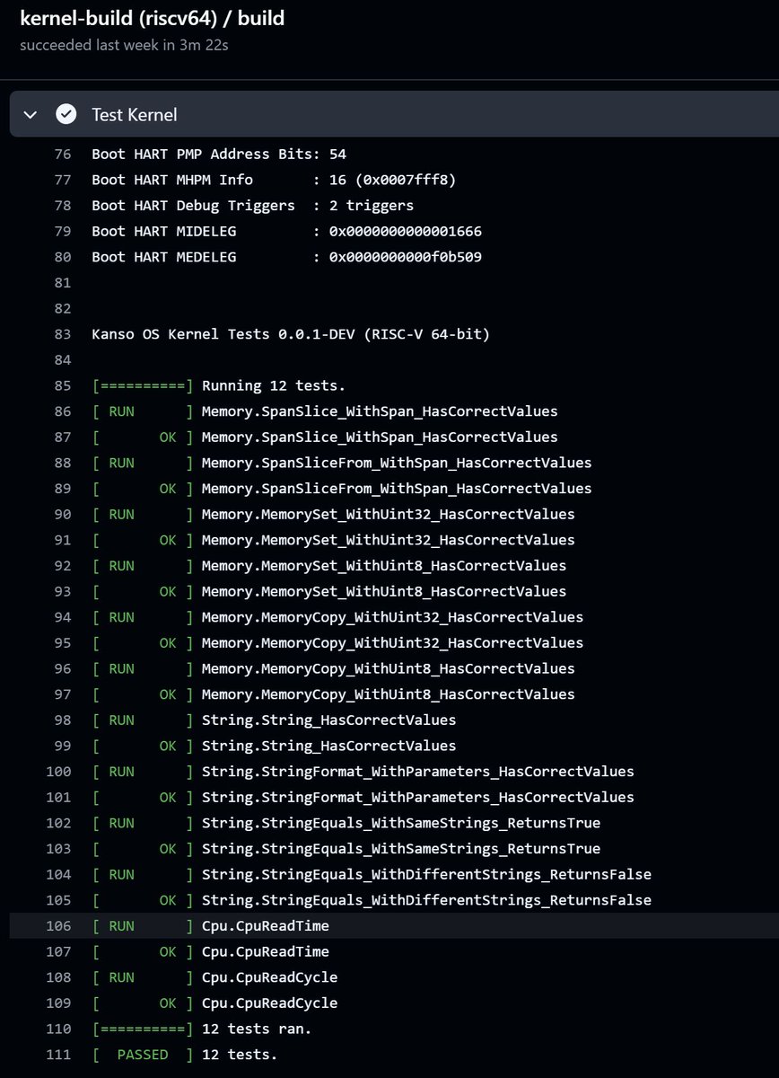 tdecroyere's tweet photo. My small micro-kernel OS written in C23 now has a GitHub automatic build pipeline that runs the tests with the emulator on supported architectures. 

It also builds hardware images so I can just burn the image to an SD card to test the build.

#RISCV #C23 #UnitTesting #github https://t.co/DRmtFTtGHH