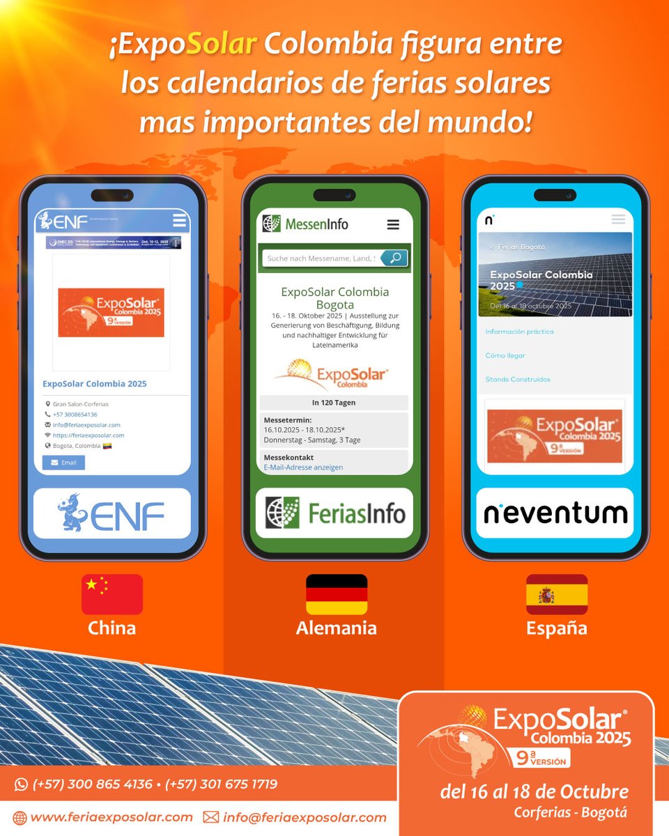 ExpoSolarColombia (@exposolarcol) on Twitter photo ExpoSolar Colombia 2025:
Presente en los principales calendarios de ferias solares internacionales.
¡Asegure su participación en el punto de encuentro clave para el sector solar!
📞 (+57) 300 865 4136 / (+57) 301 675 1719
📧 info@feriaexposolar.com
🌐 feriaexposolar.com ExpoSolar Colombia 2025:
Presente en los principales calendarios de ferias solares internacionales.
¡Asegure su participación en el punto de encuentro clave para el sector solar!
📞 (+57) 300 865 4136 / (+57) 301 675 1719
📧 info@feriaexposolar.com
🌐 feriaexposolar.com
