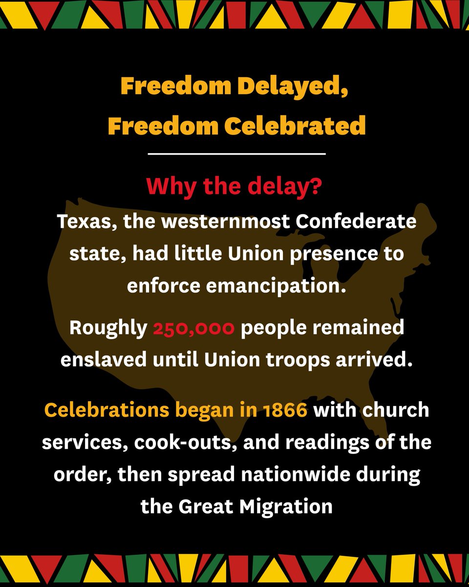 USCRaceEquity's tweet image. Juneteenth marks the day freedom finally reached over 250,000 still enslaved in Texas—two years after the Emancipation Proclamation.

From 1865 to now, we celebrate resilience and push for equity.

#Juneteenth #FreedomDelayed #FreedomCelebrated #BlackHistory