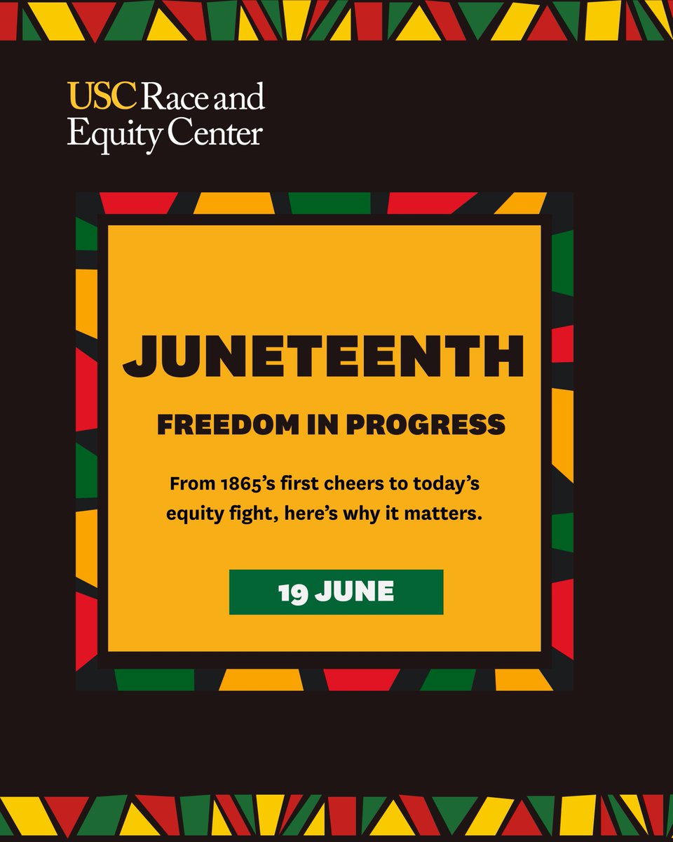 USCRaceEquity's tweet image. Juneteenth marks the day freedom finally reached over 250,000 still enslaved in Texas—two years after the Emancipation Proclamation.

From 1865 to now, we celebrate resilience and push for equity.

#Juneteenth #FreedomDelayed #FreedomCelebrated #BlackHistory