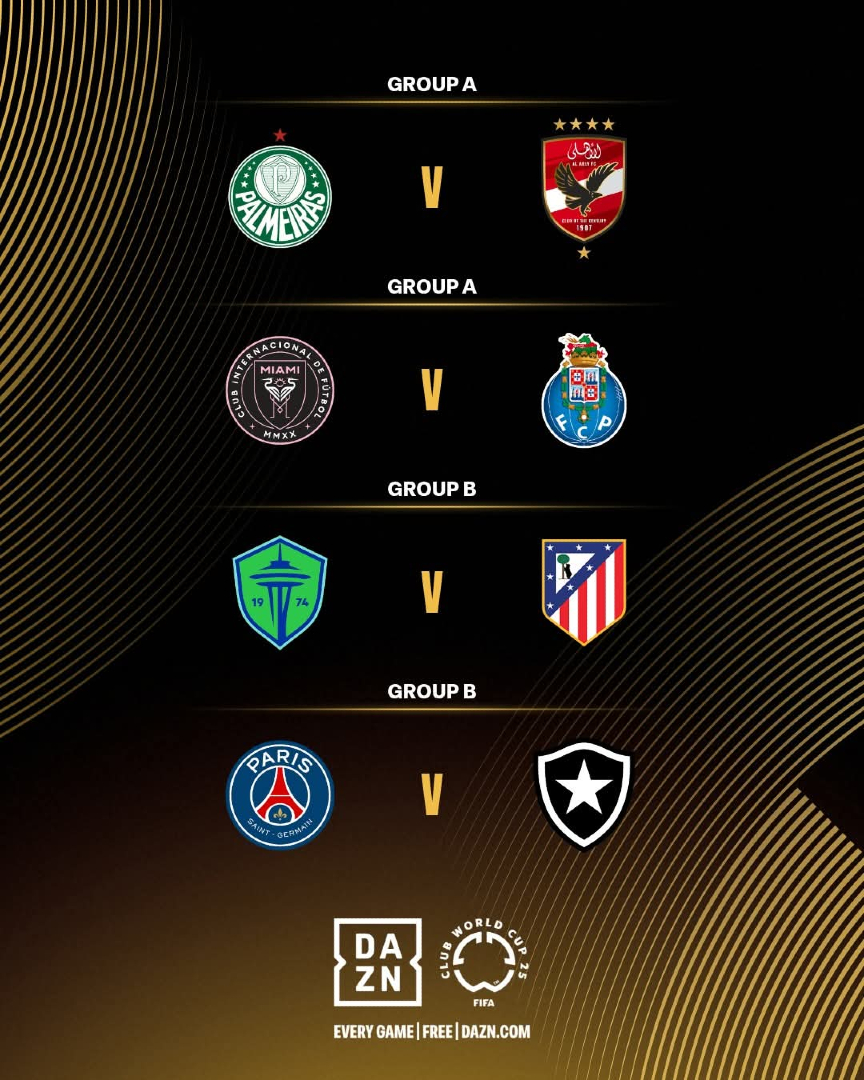 LaRazon_Bolivia's tweet photo. 🏆 Mundial de Clubes
Jueves 19 de junio -Fecha 2

📆Grupo A 
#Palmeiras🇧🇷 vs #AlAhly🇪🇬
⌚ 12.00 HB

#InterMiami🇺🇸 vs #Porto🇵🇹
⌚ 15.00 HB

📆 Grupo B 
#SeattleSounder 🇺🇸 vs #AtléticoDeMadrid🇪🇸
⌚ 18.00 HB

#ParisSaintGermain🇫🇷 vs #Botafogo🇧🇷
⌚ 21.00 HB

#FCWC
@MarcasLaRazon https://t.co/a47U7QklXv