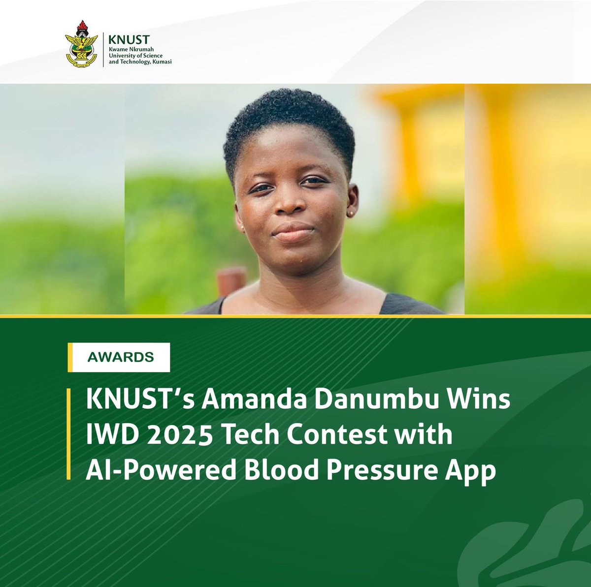 gscsknust's tweet photo. Amanda Damumbu, a final year Chemistry student wins IWD 2025 Tech Contest with AI-Powered Blood Pressure App. 

She developed the BP Abnormality Notifier, which predicts blood pressure abnormalities and alerts users, enabling early health monitoring. 

Congratulations 🎉🎉 https://t.co/vyAVyXL28d