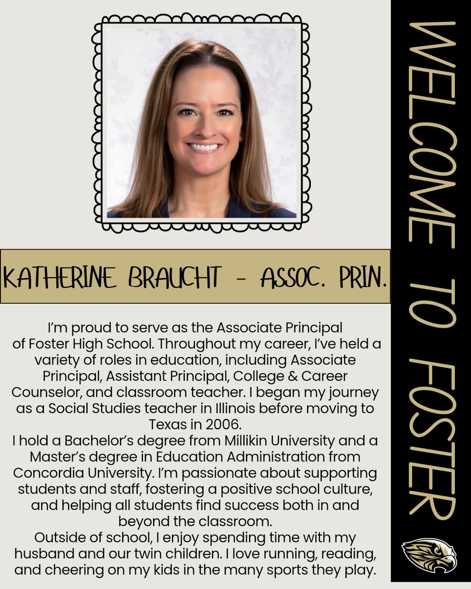 FosterHSNews's tweet image. Welcome to Foster, Katherine Braucht! She will be leading us as our Associate Principal. We're happy you're joining us! #ProtectTheNest