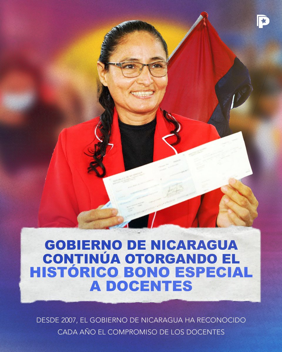 🔴⚫ La Copresidenta, Compañera Rosario Murillo, anunció la entrega del Bono Especial a educadores de todo el país, en ocasión del Día del Maestro. Este bono, es una muestra de aprecio a las maestras y maestros que, con esmero, orientan el aprendizaje en las escuelas.
