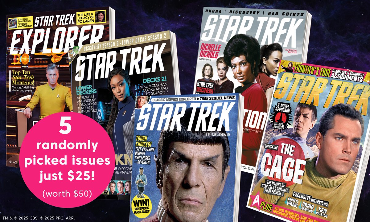 Grab a Star Trek magazine bargain with these backlist grab-bags! 5 randomly selected issues (from 2007-2024) for just $25! Which rarities, must-haves, or special issues will you get?
HURRY! Sale ends 6/30! bit.ly/4ekq6IP
#StarTrek #Sale #discount