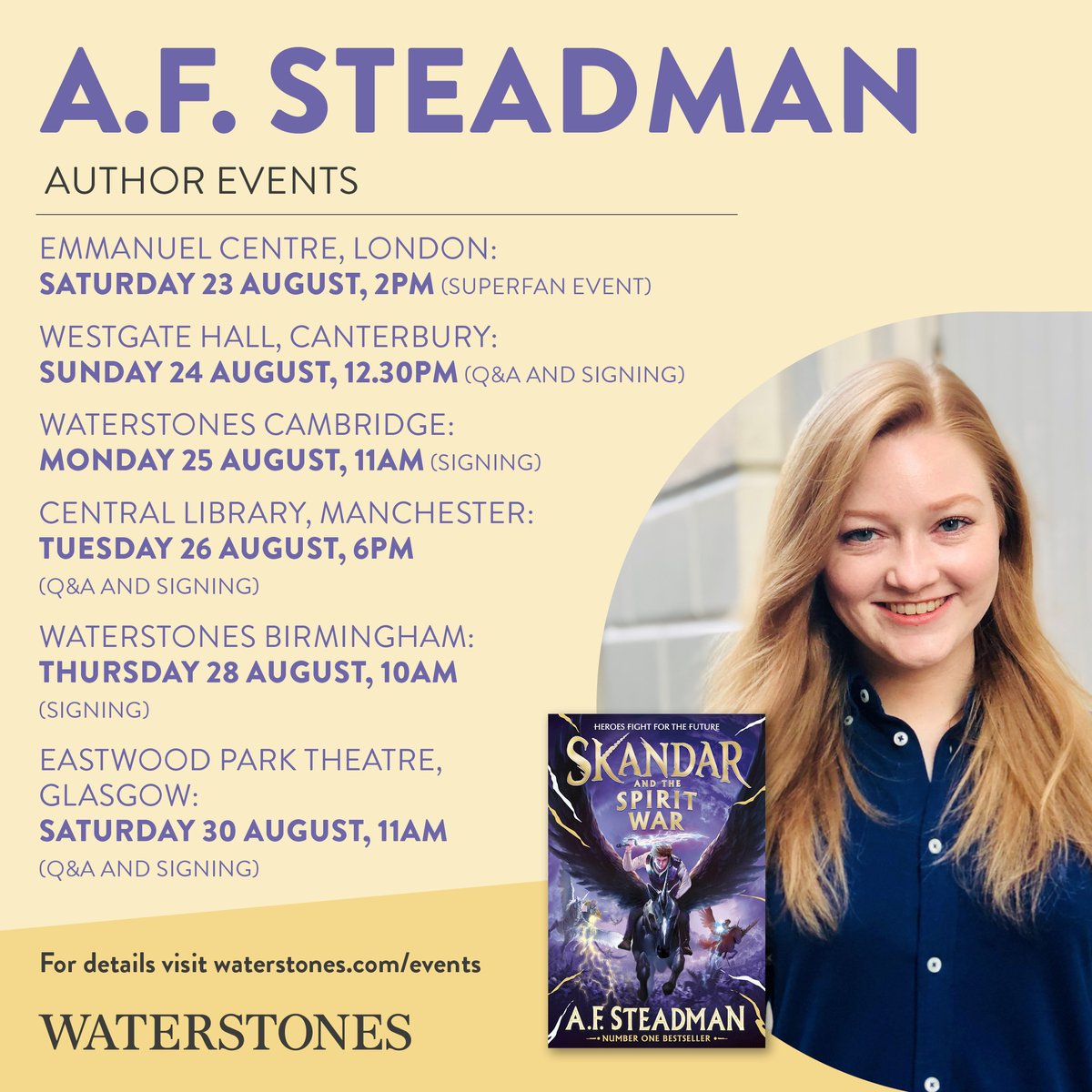 Waterstones Kids (@waterstoneskids) on Twitter photo Get ready for a Skandar summer! Join the incredible <a href="/annabelwriter/">A.F. Steadman</a> at one of her many exciting Waterstones events this August as we celebrate the epic finale to her thrilling Skandar series, Skandar and The Spirit War!
Find tickets and event details here: waterstones.com/events/search/⦠Get ready for a Skandar summer! Join the incredible <a href="/annabelwriter/">A.F. Steadman</a> at one of her many exciting Waterstones events this August as we celebrate the epic finale to her thrilling Skandar series, Skandar and The Spirit War!
Find tickets and event details here: waterstones.com/events/search/ā¦