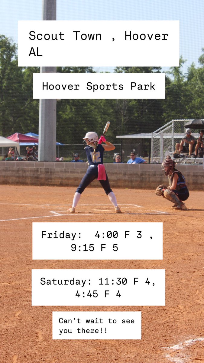 This weekend our team will be traveling to Hoover, Al to play in Scout town. Hope to see you there!!
<a href="/WallaceStSB/">Wallace State Softball</a> <a href="/UUAthleticsSB/">Union University Softball</a> <a href="/bjhssoftball/">Bob Jones Softball</a>