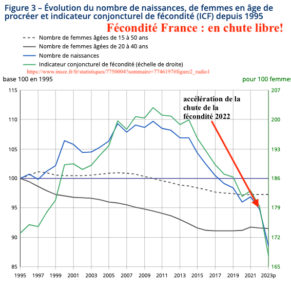 INSEE
Accélération de la chute de la fécondité à partir de 2022
Aucune explication n'est avancée par l'INSEE

Que s'est-il passé en 2021?
insee.fr/fr/statistique…
"Le nombre de naissances est estimé à 678 000 en France en 2023, en baisse très marquée par rapport à 2022 (-48 000