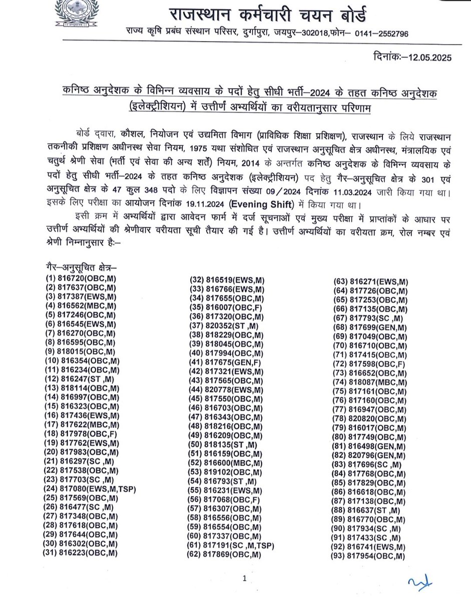 महोदय सर आपने सभी ट्रेड के जुनियर अनुदेशक के रिजल्ट में degree/ diploma और NTC/NAC के अनुसार मेरिट लिस्ट निकाली हैं परन्तु इलेक्ट्रिशियन ट्रेड में ऐसा नहीं किया और आपको बार बार बताने के बाद भी ना इसके लिए कोई  न्याय संगत action लिया।ऐसा अन्याय क्यों। 🙏🏻 <a href="/alokrajRSSB/">Alok Raj</a> <a href="/BadhalDr/">डॉ भाग चन्द बधाल DR BHAG CHAND BADHAL, RAS</a>